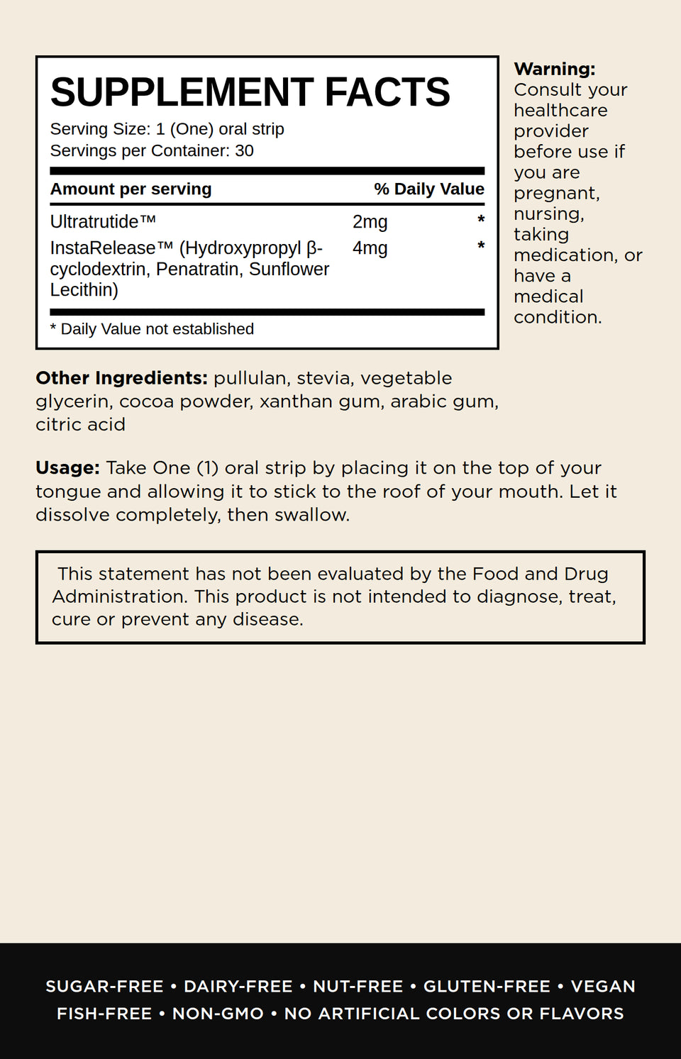 Supplement facts label for Instarelease Hydroxypropyl beta-cyclodate, Penatrin, Sunflower Lecithin, showing serving size, daily value information, warning, other ingredients, usage, and claims on a beige background.