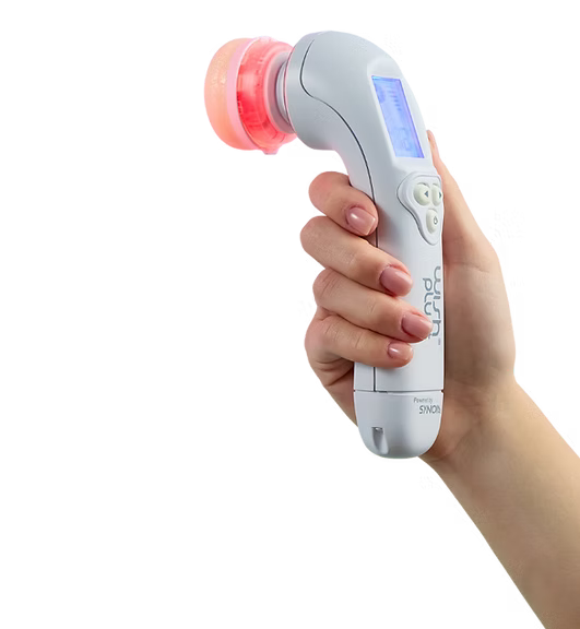 WishPro Plus Product handpiece in hand with user display and three user buttons. Image is set to a blank background. Product is great for beauty and skin care.