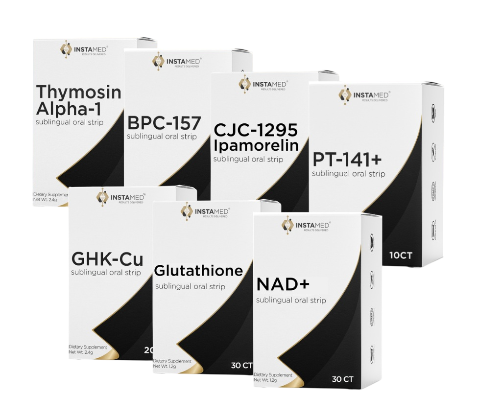 Six white supplement boxes arranged in two rows on a plain white background. The boxes are labeled with product names including Thymosin Alpha-1, BPC-157, CJC-1295 (ipamorelin), PT-141+, GHK-Cu, Glutathione, and NAD+. Image set to a white background.