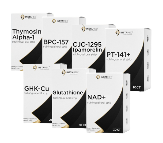 Six white supplement boxes arranged in two rows on a plain white background. The boxes are labeled with product names including Thymosin Alpha-1, BPC-157, CJC-1295 (ipamorelin), PT-141+, GHK-Cu, Glutathione, and NAD+. Image set to a white background.