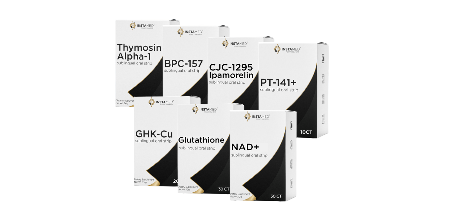 Six white supplement boxes arranged in two rows on a plain white background. The boxes are labeled with product names including Thymosin Alpha-1, BPC-157, CJC-1295 (ipamorelin), PT-141+, GHK-Cu, Glutathione, and NAD+. Image set to a blank background.