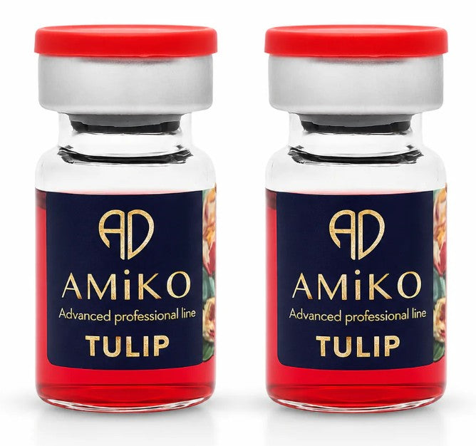 Two small glass vials with red caps and dark navy labels reading AMiKO and TULIP, shown side by side on a white background.