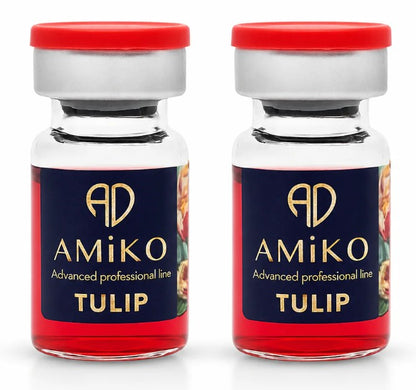 Two small glass vials with red caps and dark navy labels reading AMiKO and TULIP, shown side by side on a white background.