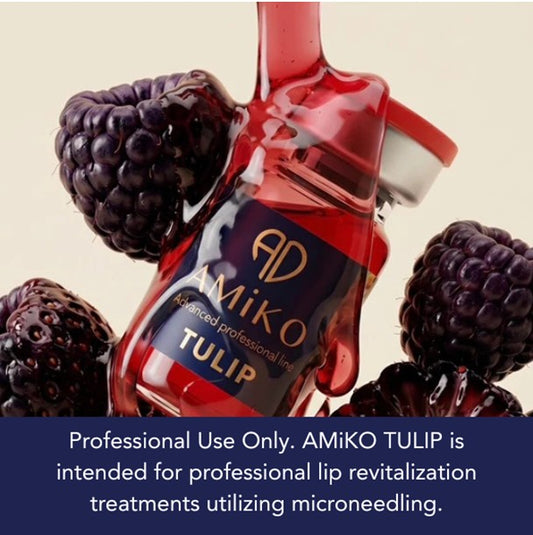 A bottle of AMiKO TULIP professional lip revitalization treatment surrounded by fresh blackberries on a light beige background, with a dark blue text banner at the bottom stating 'Professional Use Only.'.