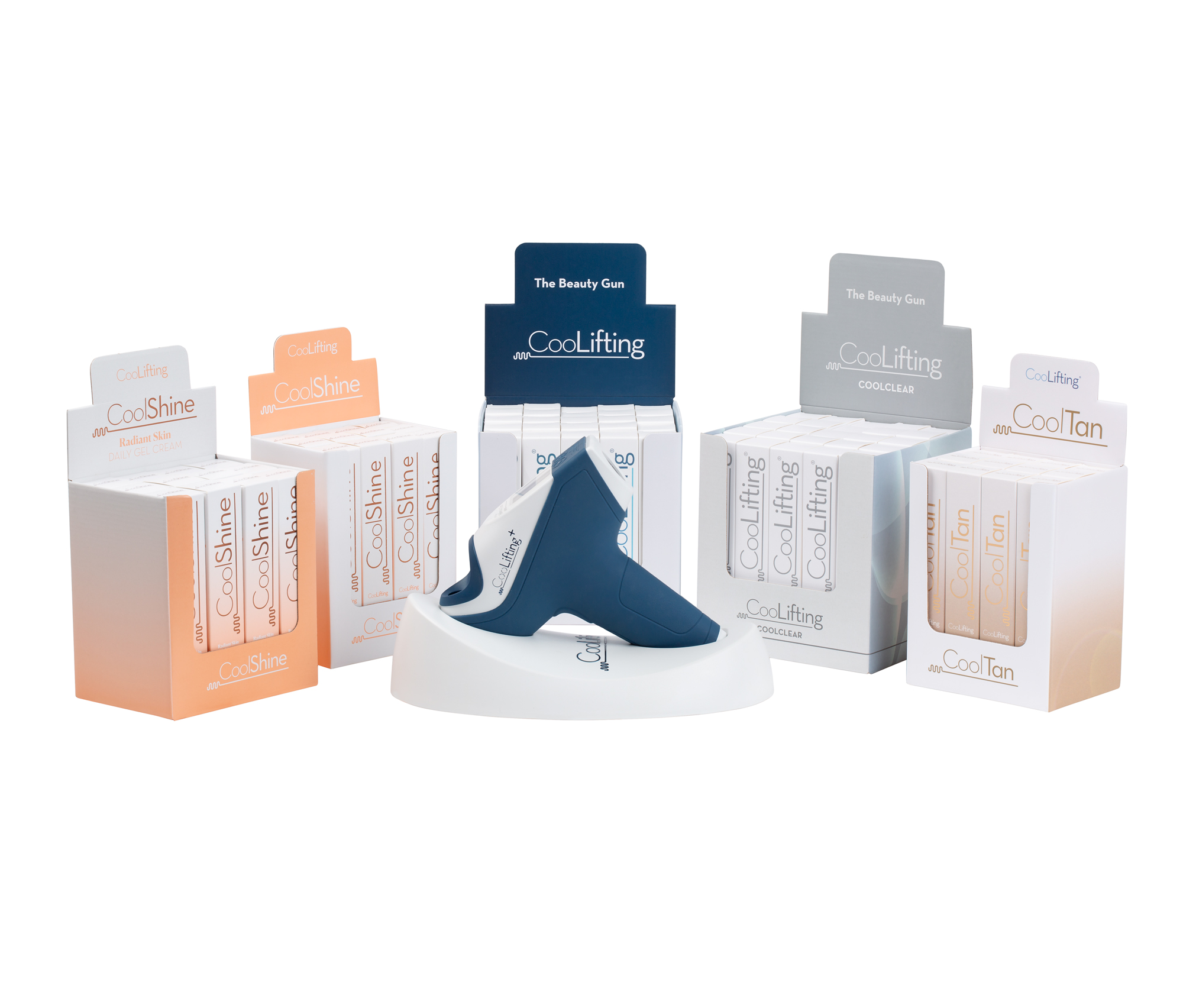 A set of cosmetic product boxes and display stands on a white background, including CoolShine, CoolLifting, and CoolTan products with a blue-and-white applicator shown in the center.