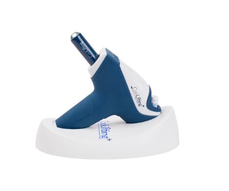 A blue and white handheld cosmetic device mounted on a white charging stand stand, photographed against a plain white background. The device is called the CooLifitng Plus.