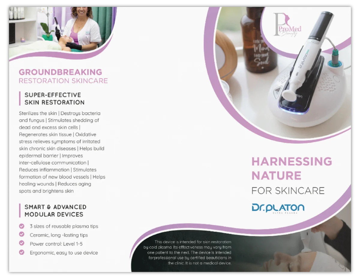 A promotional brochure or flyer for Dr. Platon skincare devices, featuring text about groundbreaking skin restoration and harnessing nature for skincare, alongside product photos of handheld facial devices and a larger treatment head.