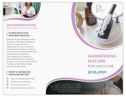 A promotional brochure or flyer for Dr. Platon skincare devices, featuring text about groundbreaking skin restoration and harnessing nature for skincare, alongside product photos of handheld facial devices and a larger treatment head.