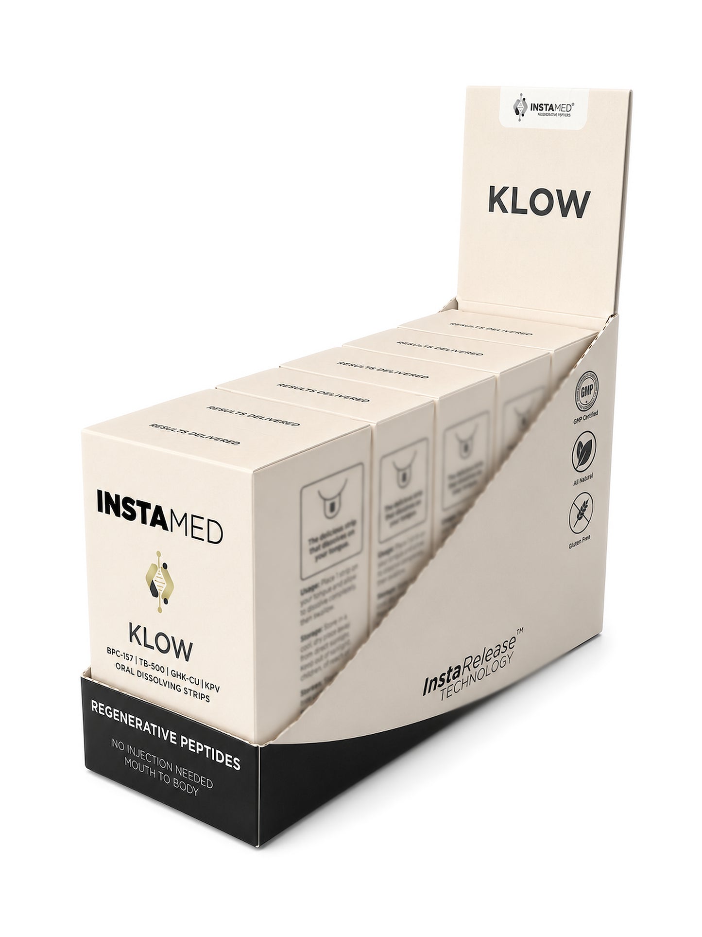 A retail display box containing multiple Instamed Klow peptide packaging, shown on a clean white background. The packaging is primarily off-white with black text and a black base.