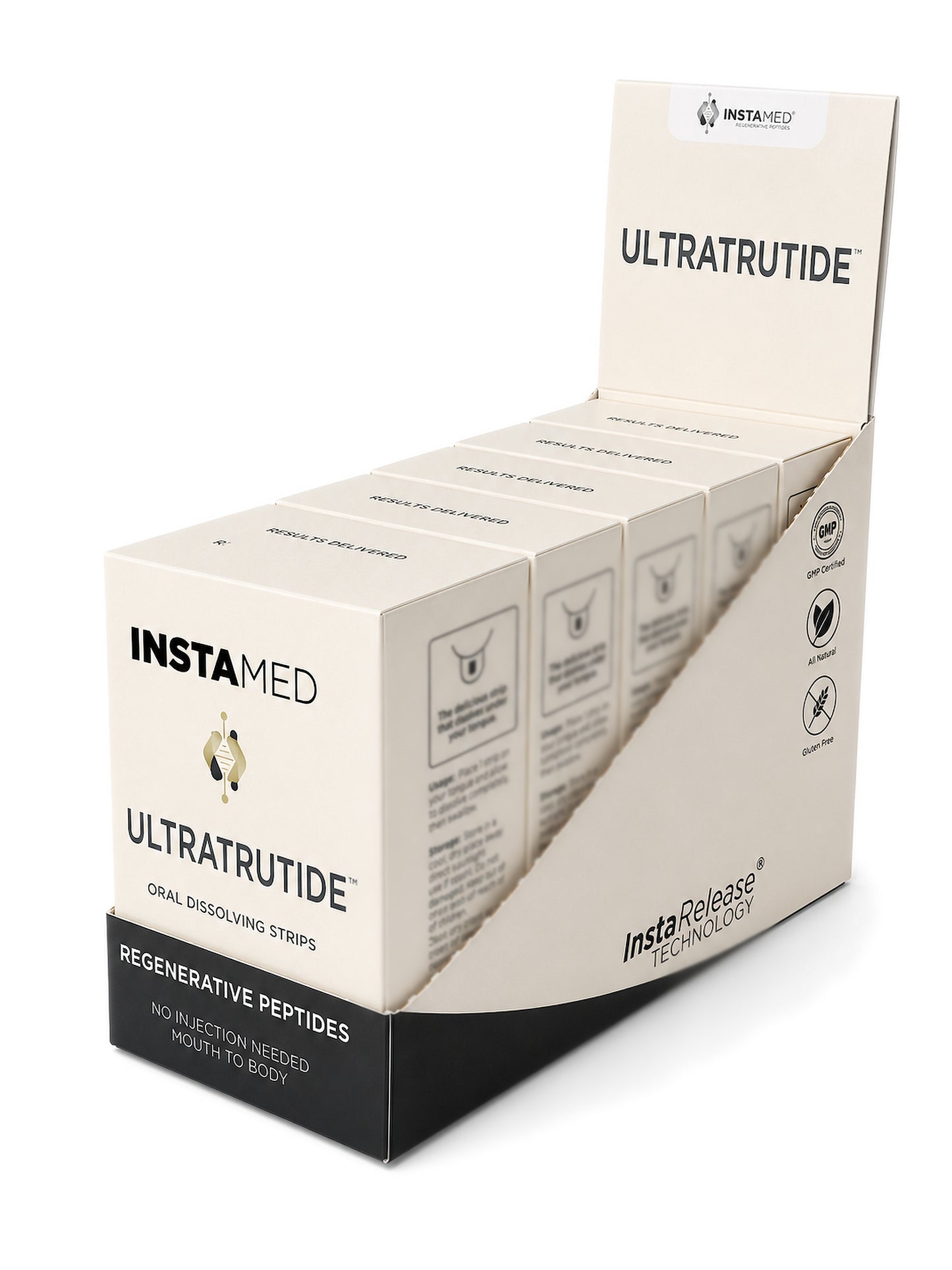 A retail display box of Instamed Ultrarutride oral dissolving strips, showing multiple individual white packets arranged inside a beige and black display stand on a white background.