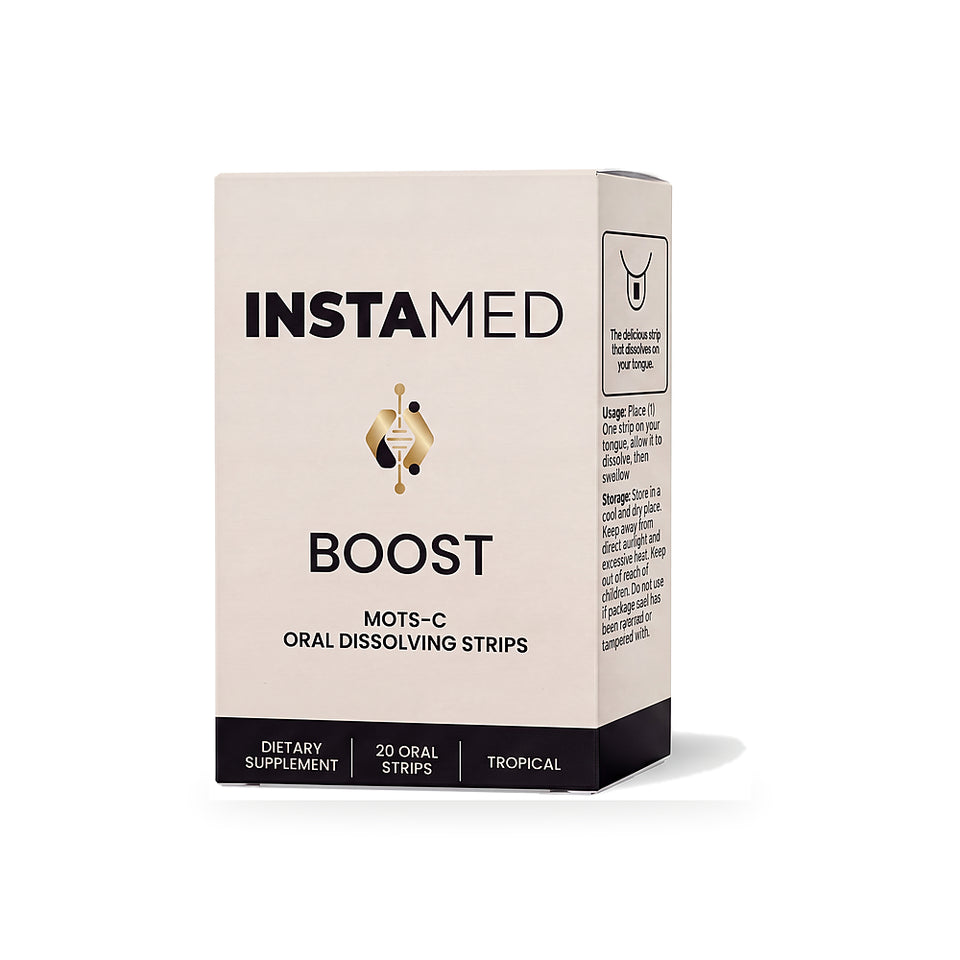 Instamed Boost supplement box, featuring a white and black packaging design with a small gold logo, shown on a clean white background.