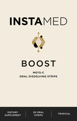 Instamed Boost oral dissolving strips packaging, featuring a minimalist beige and black design with a gold and black logo in the center.