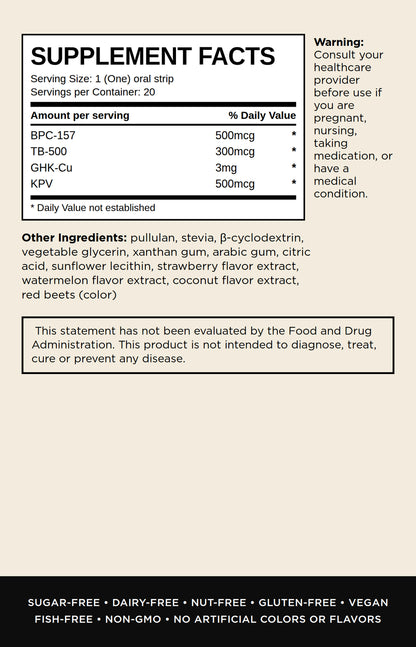 Supplement facts label for a dietary supplement, showing serving size, daily value information for BPC-157, TB-500, GHK-Cu, and KPV, along with other ingredients and usage warnings on a beige background.
