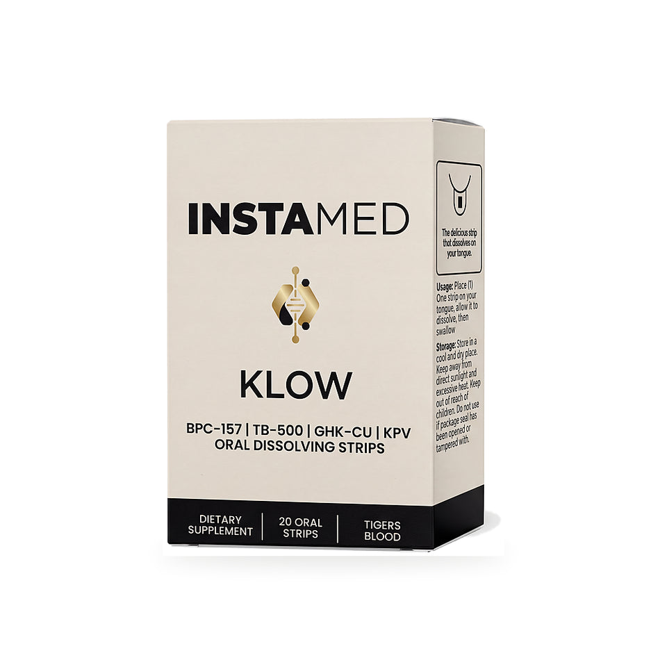 Instamed Klow oral peptide strips in product packaging, featuring a beige and black design with a small gold key graphic.