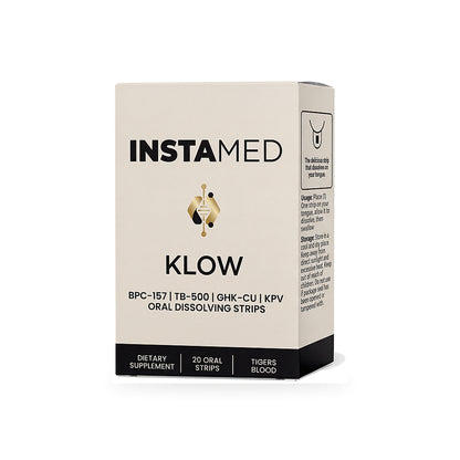 Instamed Klow oral peptide strips in product packaging, featuring a beige and black design with a small gold key graphic.