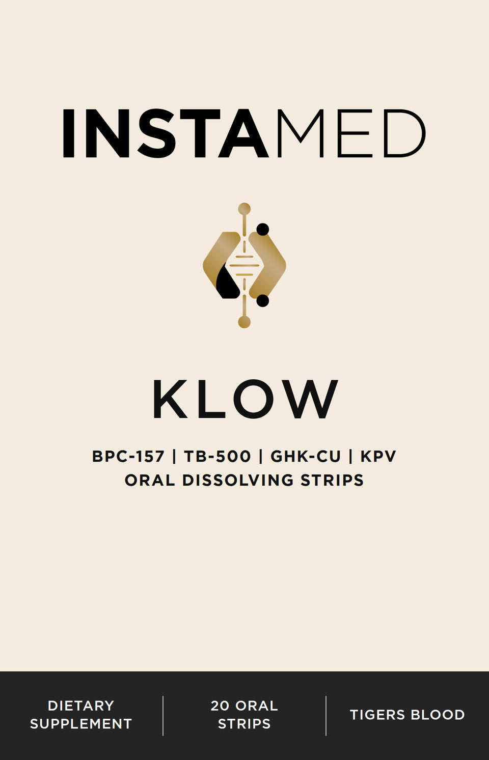 Instamed Klow oral dissolving strips packaging, featuring a beige background with black text and a small gold and black logo in the center.