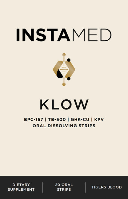 Instamed Klow oral dissolving strips packaging, featuring a beige background with black text and a small gold and black logo in the center.