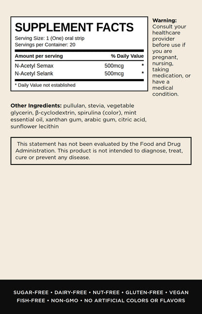Supplement facts label for N-Acetyl Semax and N-Acetyl Selank oral strips, showing serving size, daily value, ingredients list, and usage warning on a beige background with a black footer.