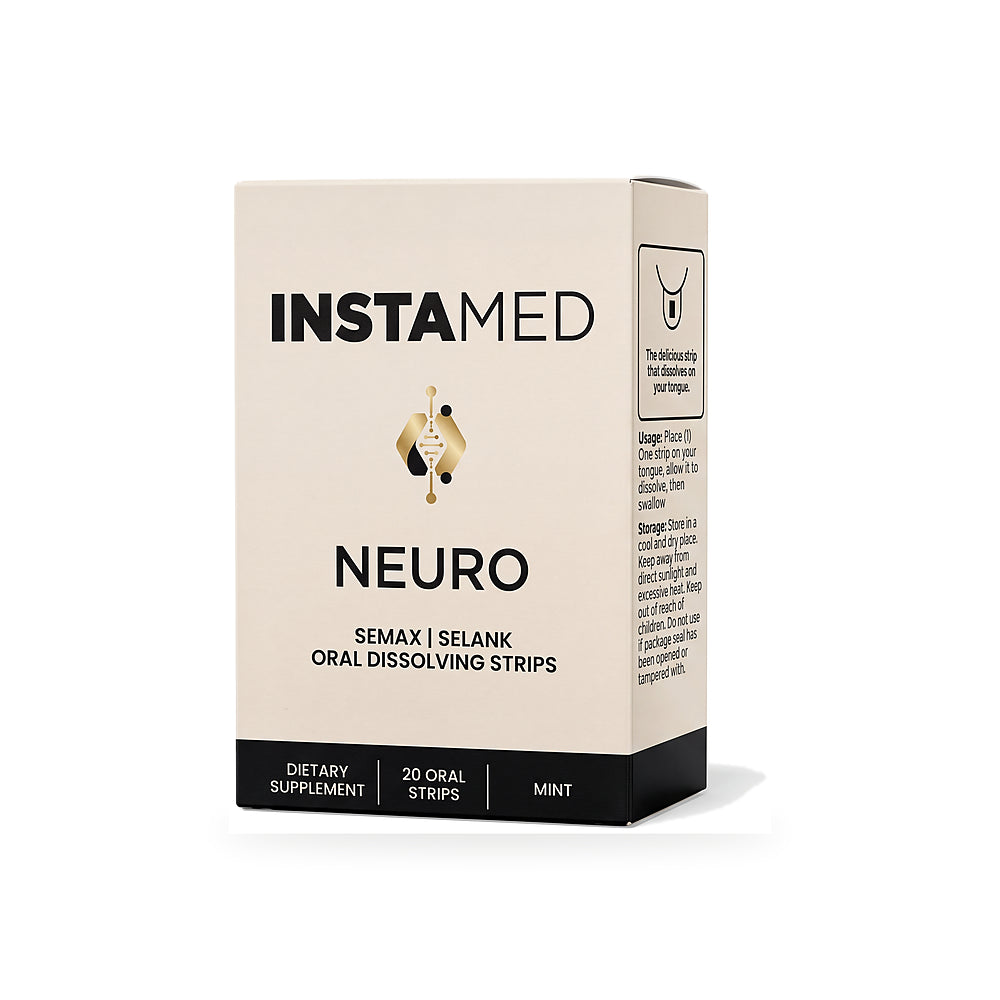 Instamed Neuro oral peptide strips supplement box, featuring a minimalist beige and black design with a small gold anatomical brain illustration on the front.