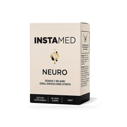 Instamed Neuro oral peptide strips supplement box, featuring a minimalist beige and black design with a small gold anatomical brain illustration on the front.