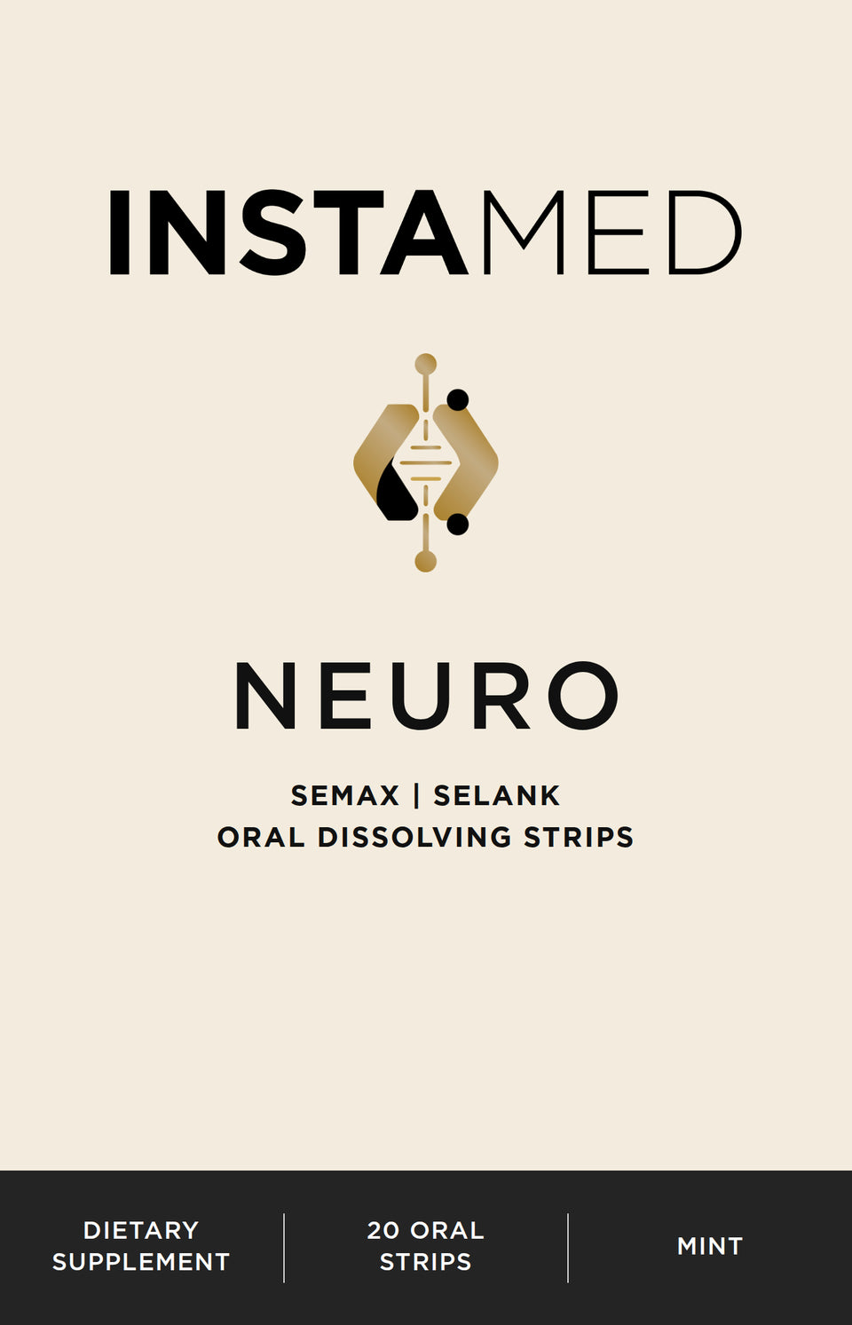 Product packaging for INSTAMED Neuro oral dissolving strips, featuring a beige background with black and gold branding, and a black banner at the bottom indicating mint flavor and 20 oral strips.