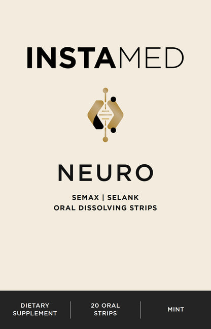 Product packaging for INSTAMED Neuro oral dissolving strips, featuring a beige background with black and gold branding, and a black banner at the bottom indicating mint flavor and 20 oral strips.