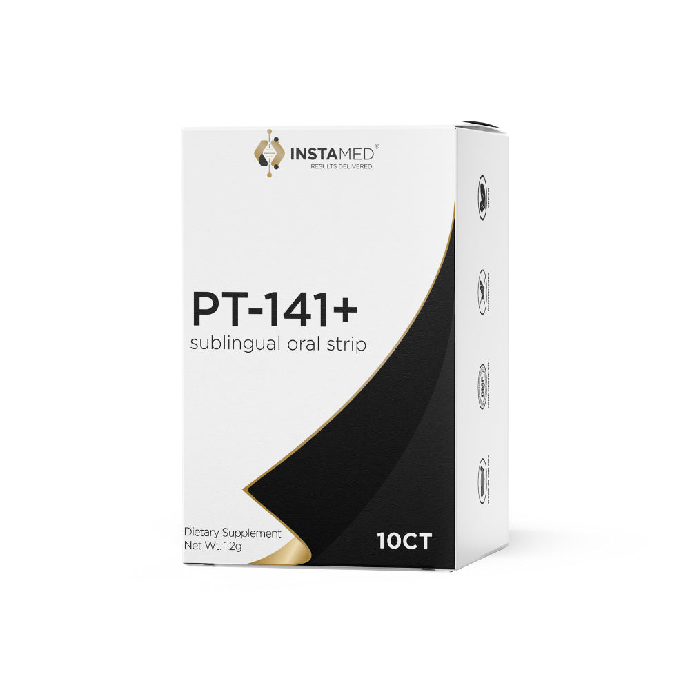PT-141+ -- product used for Intimacy -- Sublingual Peptide - Product front packaging by InstaMed. Box is white with black lettering - Product is designed to be used for Health & Beauty