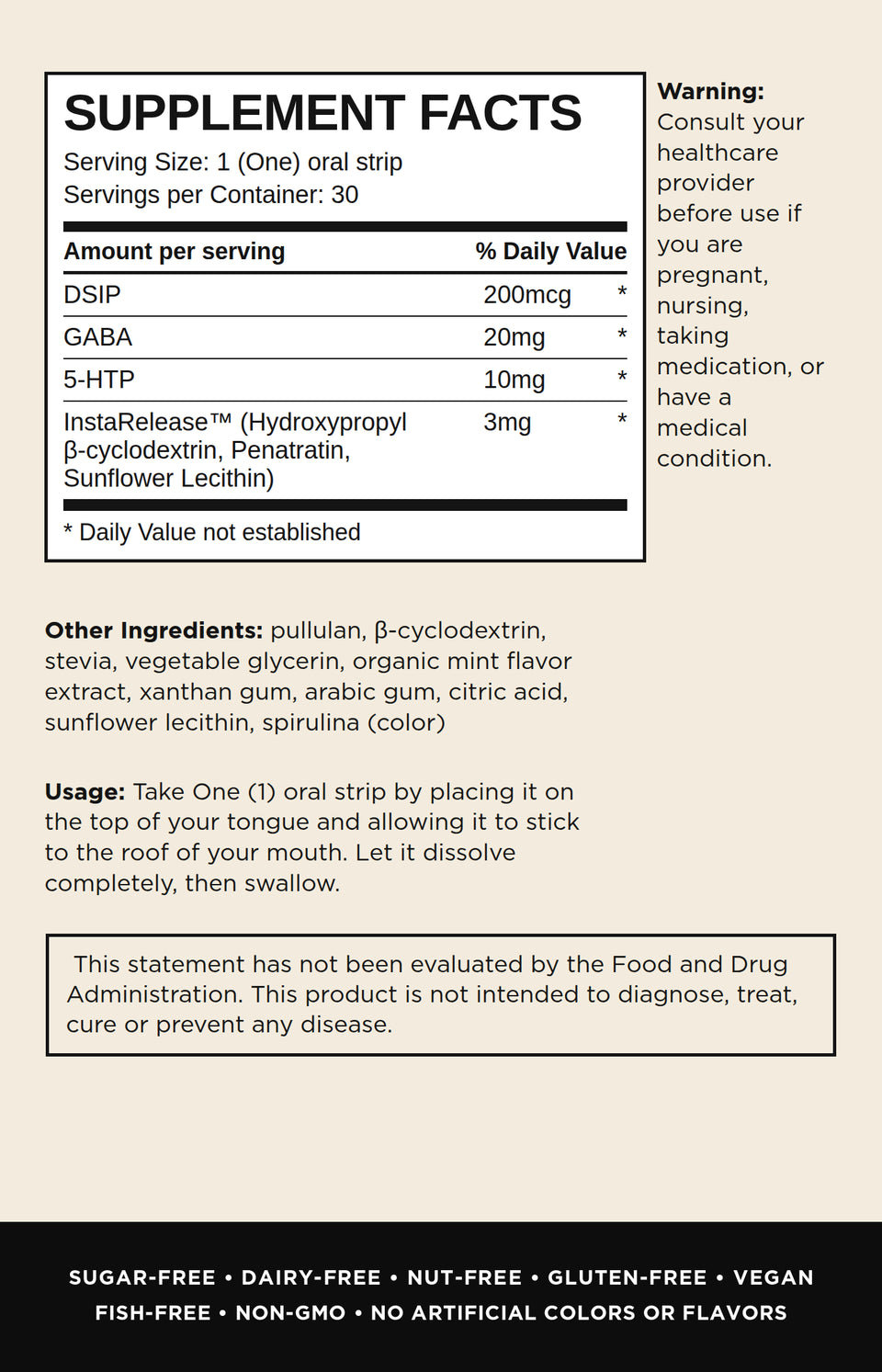 A supplement facts panel, showing the supplement name, serving size, nutrition facts table, ingredients, and usage instructions on a white background with a black footer bar.