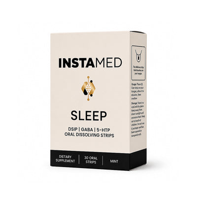 Instamed Sleep oral peptide strips packaging in a white and black box, shown on a clean white background.