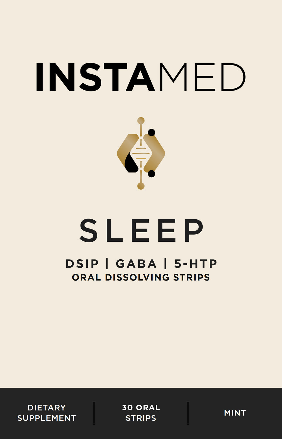 INSTAMED Sleep oral dissolving strips packaging, featuring a beige background with black text and a small gold and black logo in the center.