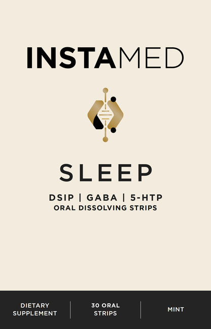 INSTAMED Sleep oral dissolving strips packaging, featuring a beige background with black text and a small gold and black logo in the center.