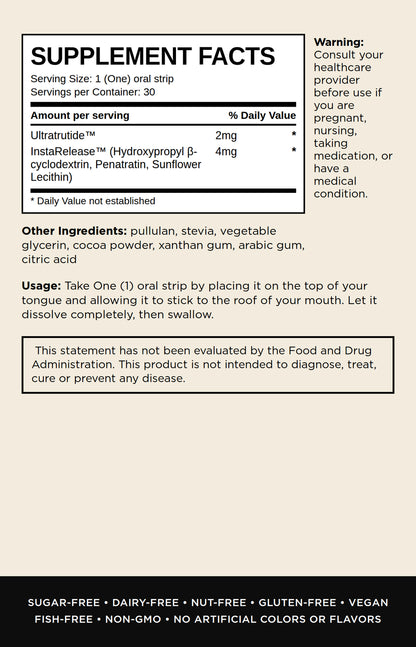 Supplement facts label for Instarelease Hydroxypropyl beta-cyclodate, Penatrin, Sunflower Lecithin, showing serving size, daily value information, warning, other ingredients, usage, and claims on a beige background.