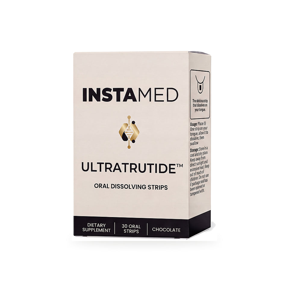 Instamed Ultratrative oral peptide strips in a rectangular cardboard box, featuring a white and black design with a small gold logo.