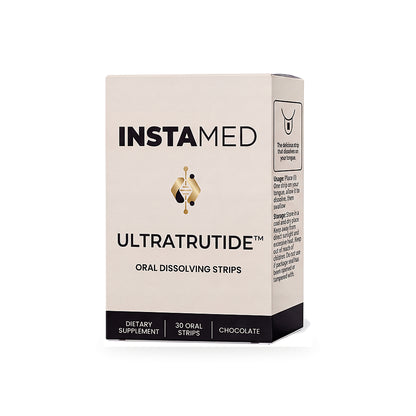 Instamed Ultratrative oral peptide strips in a rectangular cardboard box, featuring a white and black design with a small gold logo.