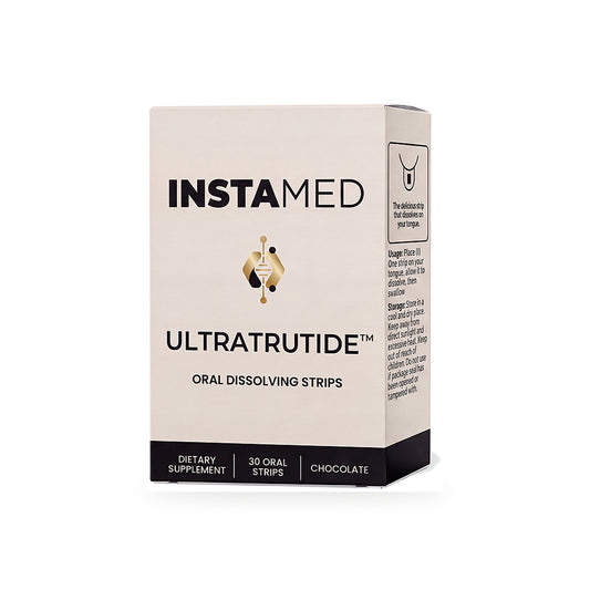 Instamed Ultratrative oral peptide strips in a rectangular cardboard box, featuring a white and black design with a small gold logo.