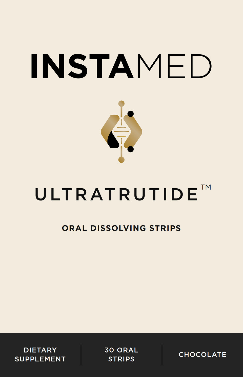 Instamed Ultratrutide oral peptide strips supplement packaging, featuring chocolate-flavored oral dissolving strips with a gold and black logo on a light beige background.
