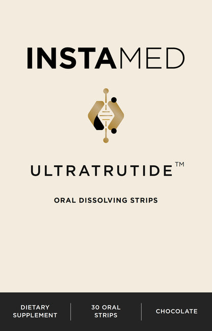 Instamed Ultratrutide oral peptide strips supplement packaging, featuring chocolate-flavored oral dissolving strips with a gold and black logo on a light beige background.