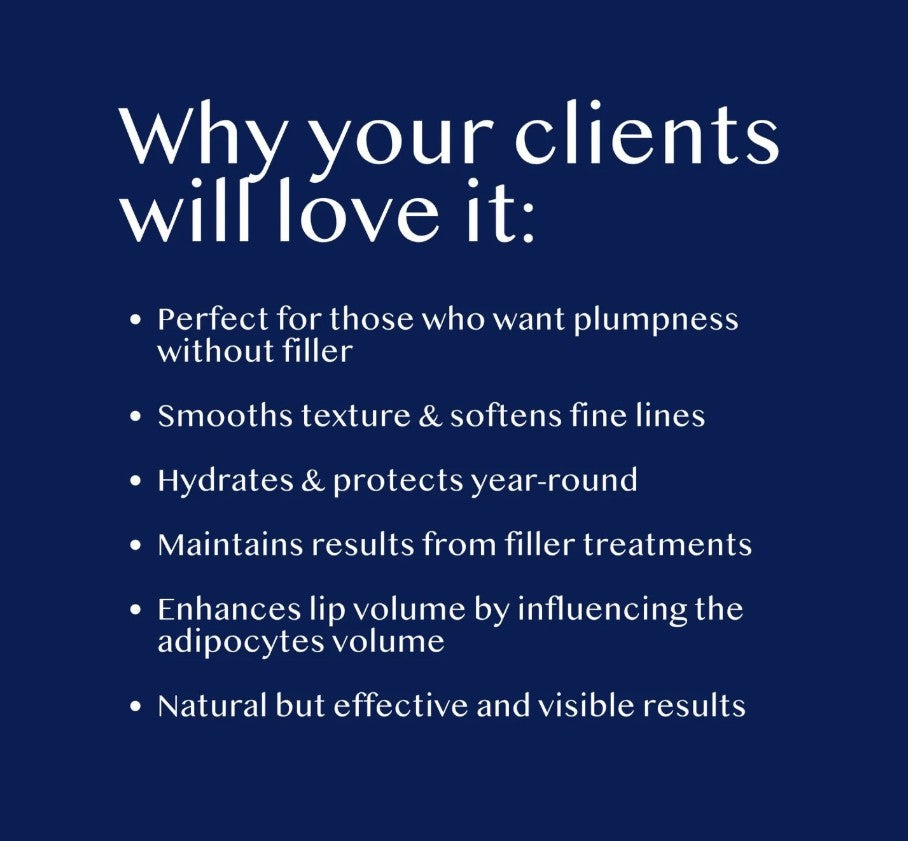 A dark blue promotional graphic with white text reading 'Why your clients will love it:' followed by a bulleted list of benefits for a cosmetic product.