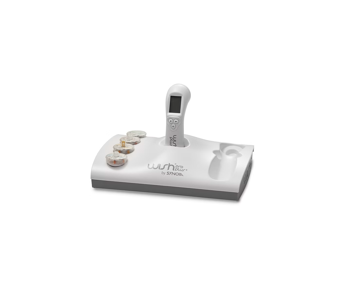 WISHpro plus - product image shows an off-white base with WishPro Plus+ by Synoia written on it, handpiece with user buttons, and three product capsules. Image is set on a white background. This product is great for heath and beauty, primarily designed for skin care.
